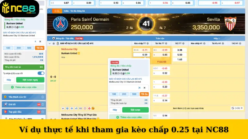 Ví dụ thực tế khi tham gia kèo chấp 0.25 tại NC88